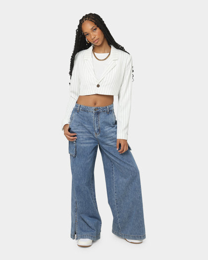 EN ES Women's Luna Cropped Blazer Pin Stripe White