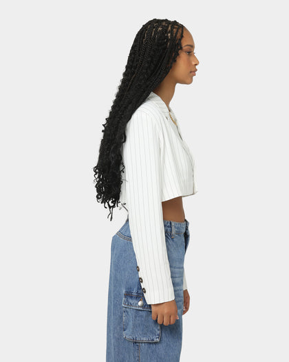 EN ES Women's Luna Cropped Blazer Pin Stripe White
