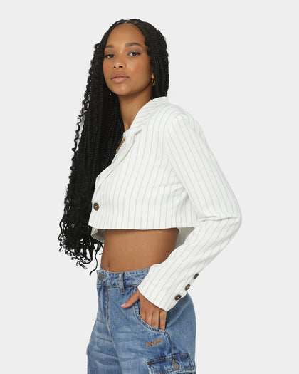 EN ES Women's Luna Cropped Blazer Pin Stripe White