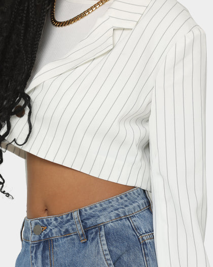 EN ES Women's Luna Cropped Blazer Pin Stripe White