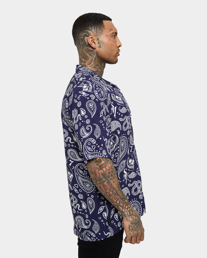 Saint Morta Paisley Skulls Short Sleeve Button Up Shirt Navy/White