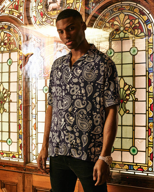 Saint Morta Paisley Skulls Short Sleeve Button Up Shirt Navy/White