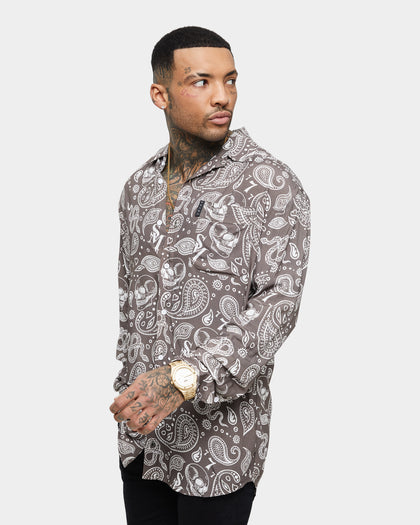 Saint Morta Paisley Skulls Long Sleeve Button Up Shirt Vintage Brown