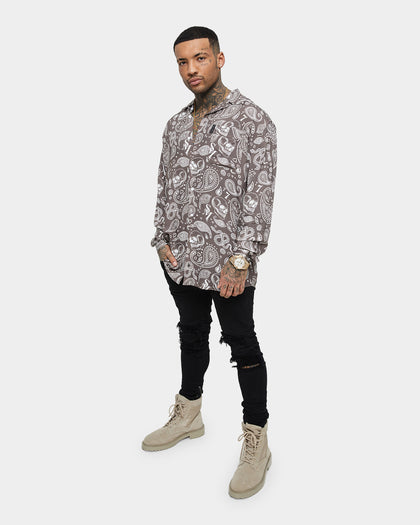 Saint Morta Paisley Skulls Long Sleeve Button Up Shirt Vintage Brown