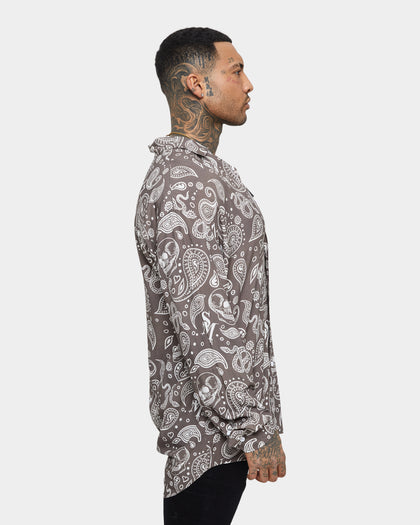 Saint Morta Paisley Skulls Long Sleeve Button Up Shirt Vintage Brown