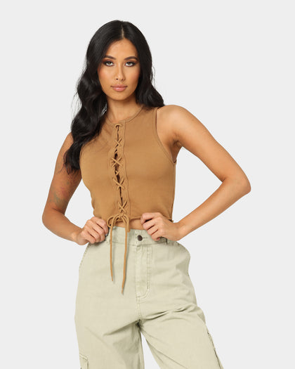 EN ES Women's Reny Lace Up Crop Top Tan
