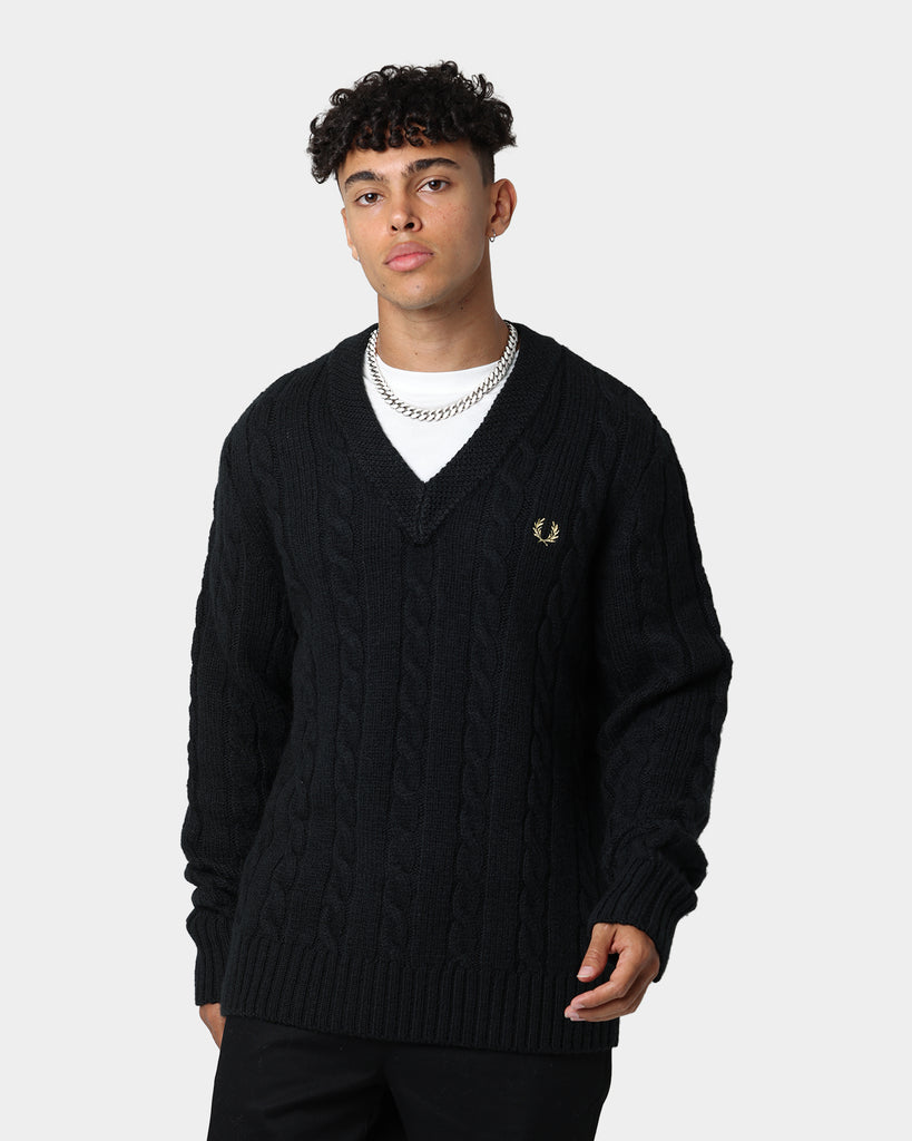 Fred Perry Cable Knit V Neck Jumper Black | Culture Kings