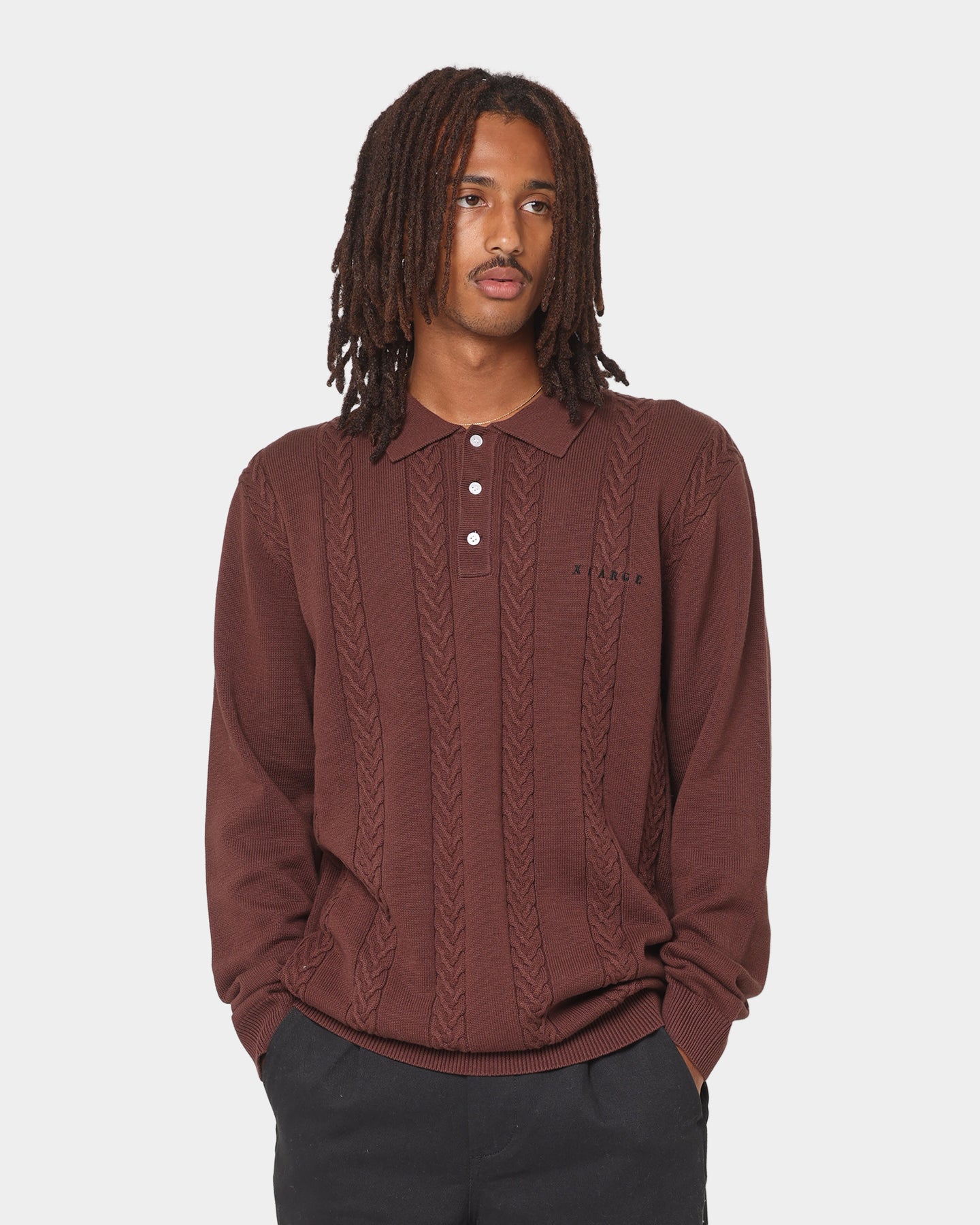 X Large Cable Knit Long Sleeve Polo Shirt Brown | Culture Kings