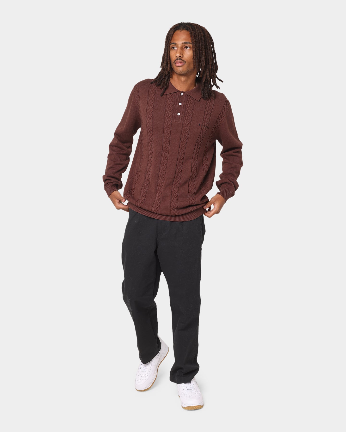 X Large Cable Knit Long Sleeve Polo Shirt Brown | Culture Kings
