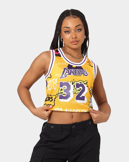 Mitchell & Ness Women's Magic Johnson Los Angeles Lakers Slap Sticker Crop Tank Yellow
