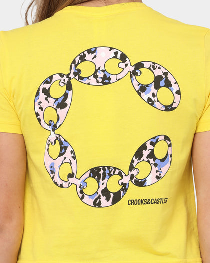 Crooks & Castles Women's Chain Leopard Crop T-Shirt Yellow