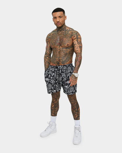 Saint Morta Paisley Skulls Beach Shorts Black/White