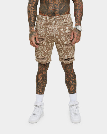Saint Morta Paisley Skulls Denim Shorts Vintage Brown