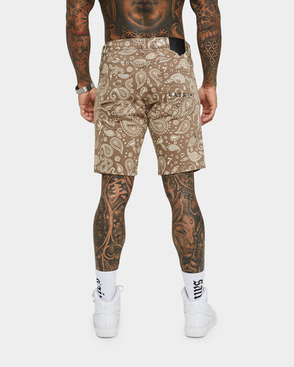 Saint Morta Paisley Skulls Denim Shorts Vintage Brown
