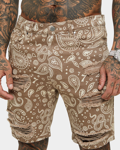 Saint Morta Paisley Skulls Denim Shorts Vintage Brown