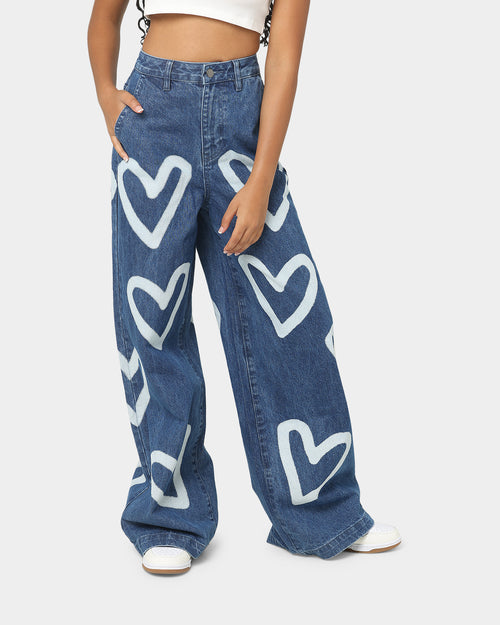 EN ES Women's I Heart You Baggy Jeans Light Blue Deni