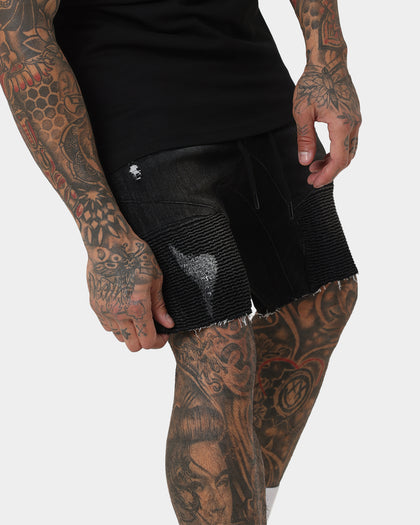 Saint Morta United Distressed Biker Shorts Black Stonewash