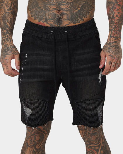 Saint Morta United Distressed Biker Shorts Black Stonewash