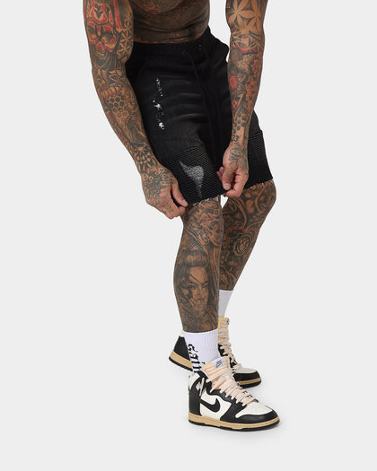 Saint Morta United Distressed Biker Shorts Black Stonewash