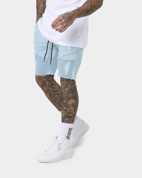 Saint Morta United Distressed Biker Shorts Light Blue
