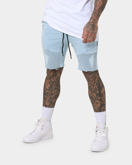 Saint Morta United Distressed Biker Shorts Light Blue