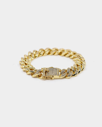 Saint Morta 12mm Diamond Cuban Link Bracelet Gold Plated