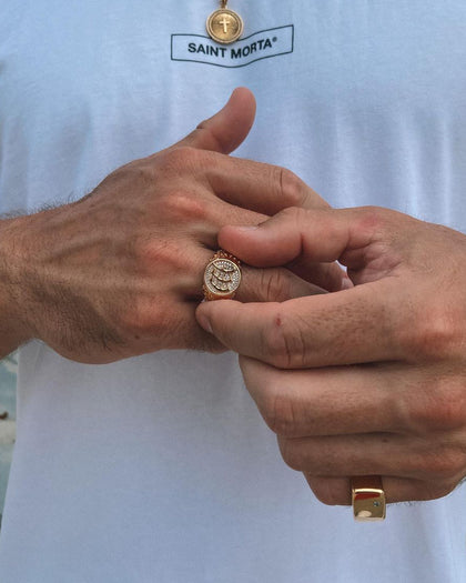Saint Morta Letter Championship Ring Iced Gold