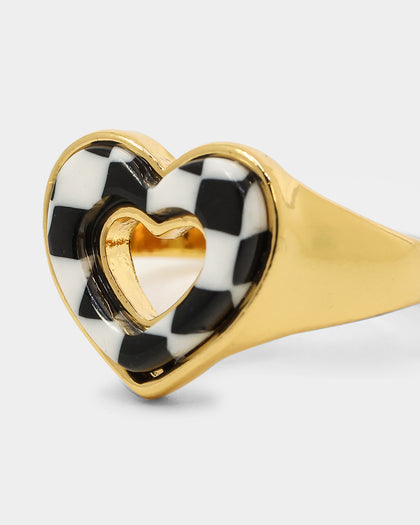Raising Hell Checkered Heart Ring Gold/Black