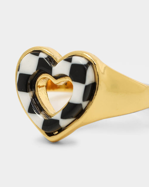 Raising Hell Checkered Heart Ring Gold/Black