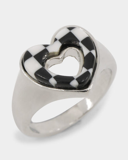 Raising Hell Women's Checkered Heart Ring White/Gold/Black