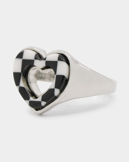 Raising Hell Women's Checkered Heart Ring White/Gold/Black