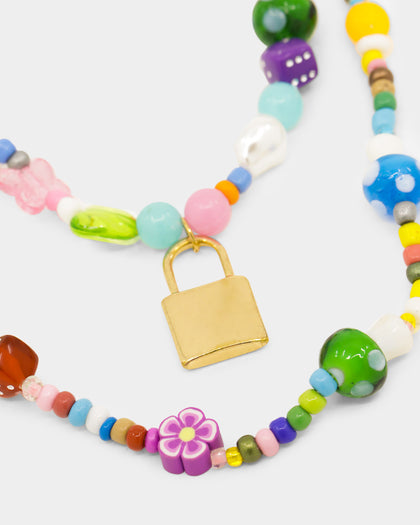 Raising Hell Women's Statement Bead Double Chain Necklace Multi-Coloured